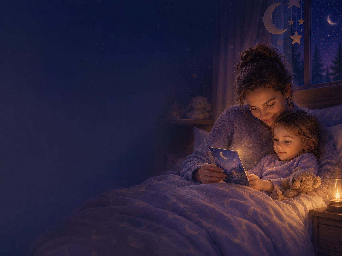 Elternteil liest dem Kind abends eine Gute-Nacht-Geschichte vor
