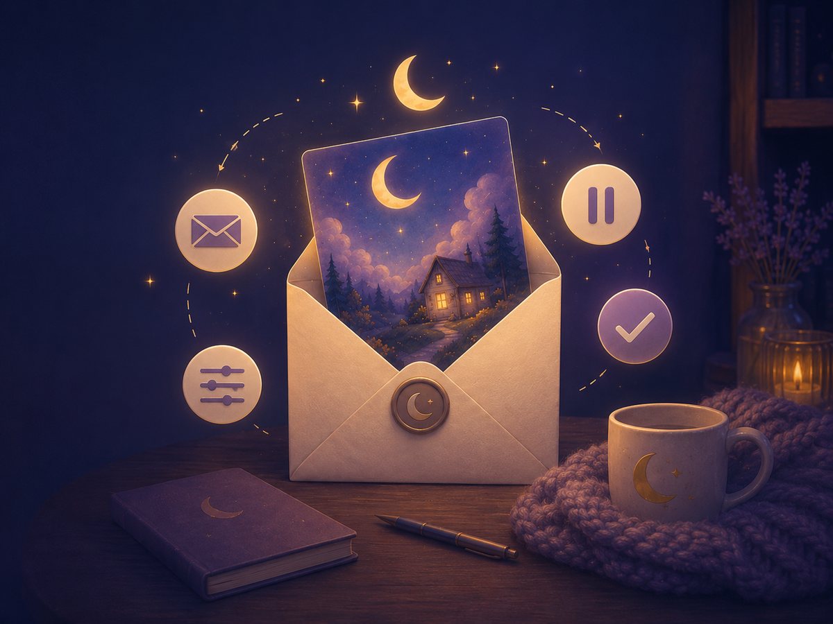Briefumschlag mit Symbolen für pausierbar, anpassbar und per E-Mail